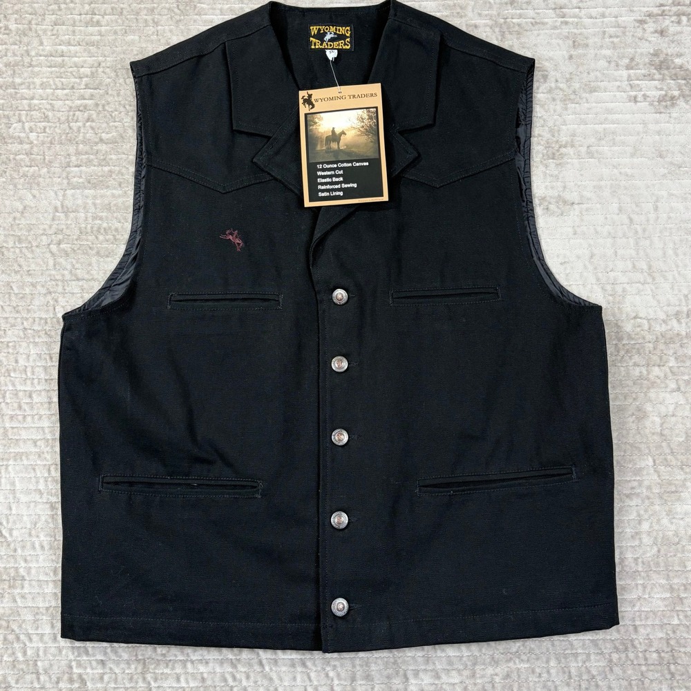 Wyoming Traders Mens XL Black Cotton Canvas Western‎ Vest Satin Lined NWT 2013
